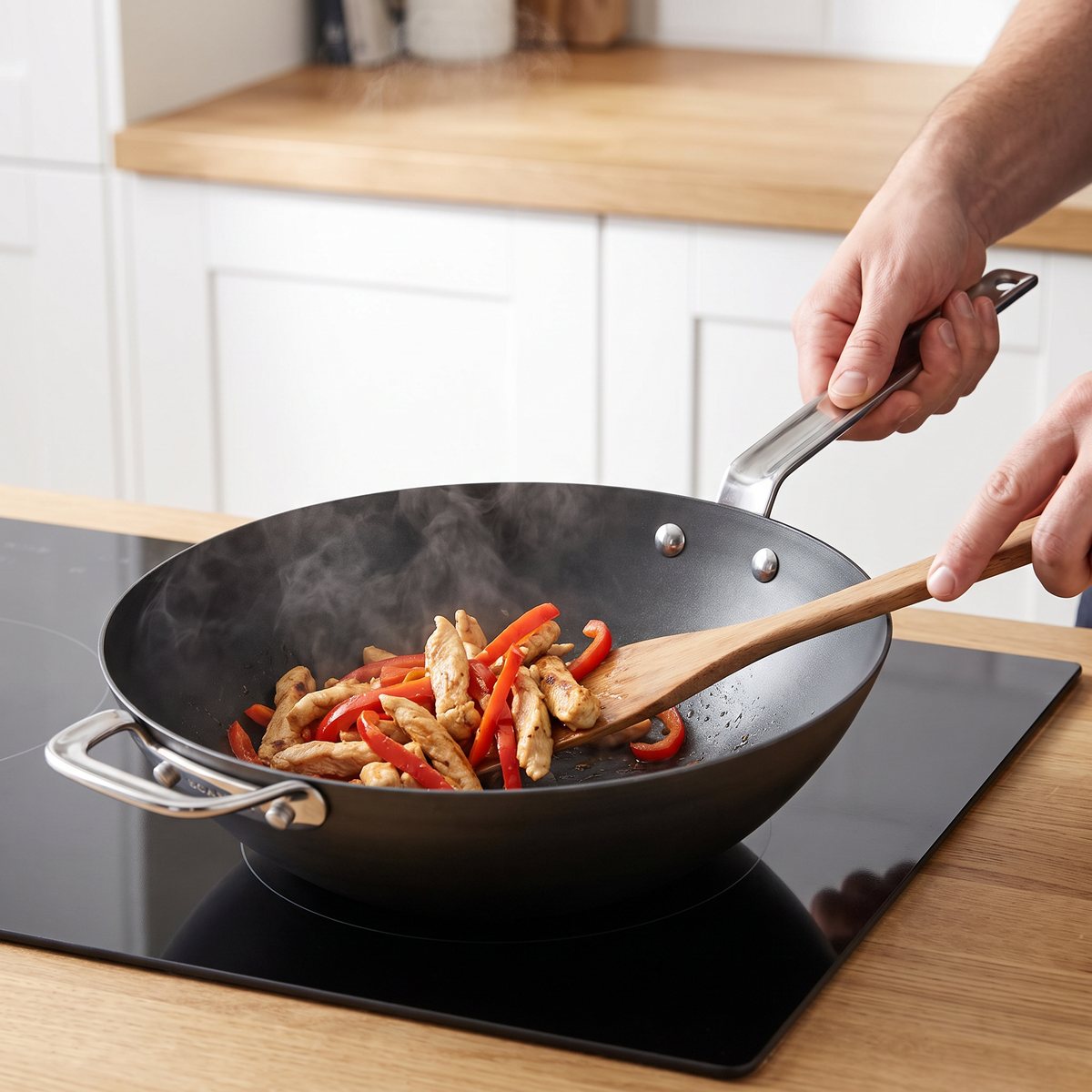 Scanpan Black Iron wokpanna med kyckling och paprika på en svart induktionshäll i ett ljust svenskt kök