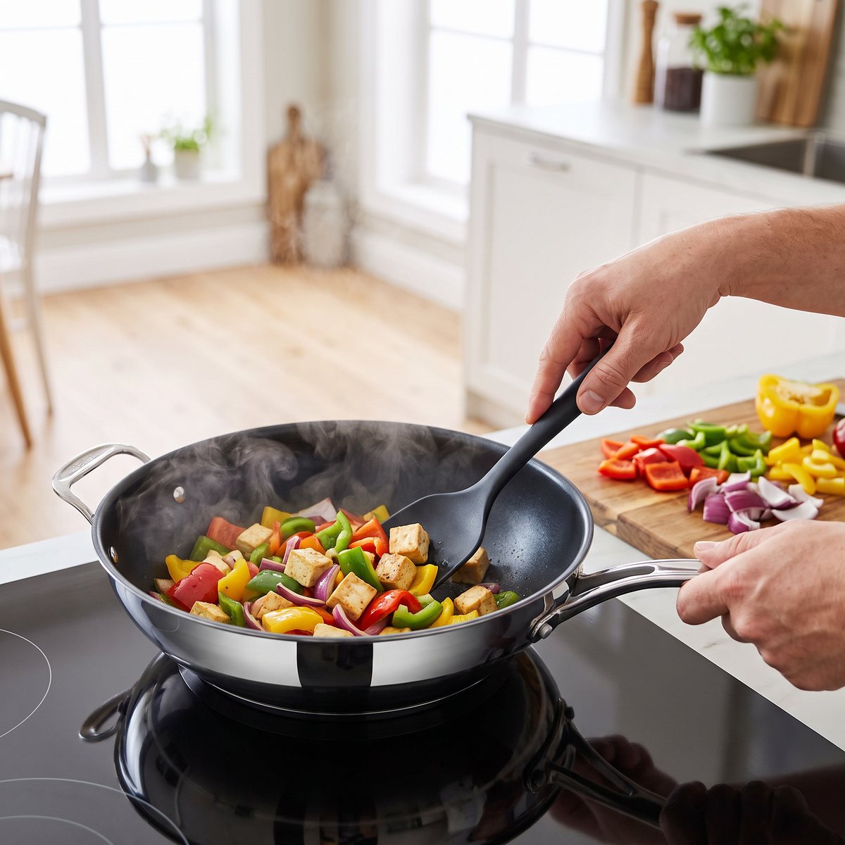 Tefal Jamie Oliver wok med paprika och tofu på en induktionshäll i ett ljust svenskt familjekök
