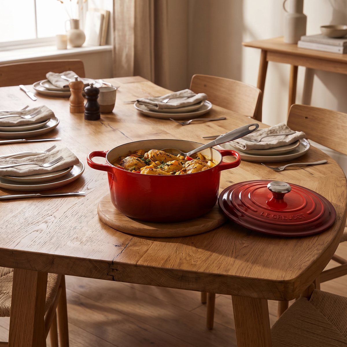 Röd Le Creuset-gryta med kycklinggryta på ett grytunderlägg mitt på ett dukat ekbord, locket bredvid