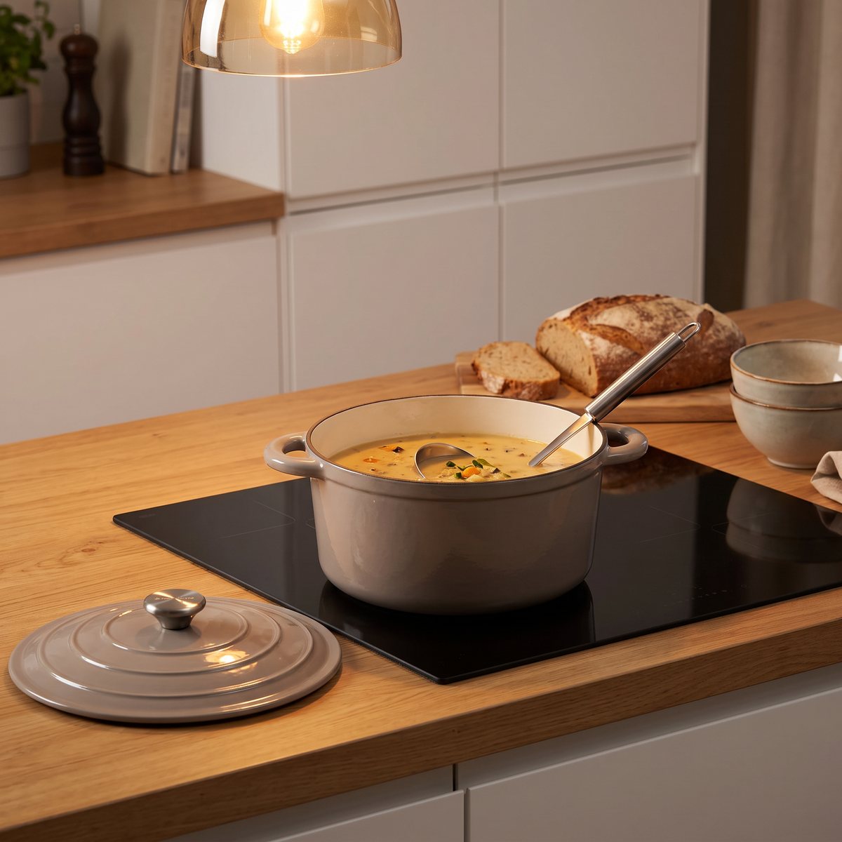 Taupefärgad Nordwik-gryta med rotfruktssoppa och slev på en svart induktionshäll i en ekbänk i ett svenskt kök