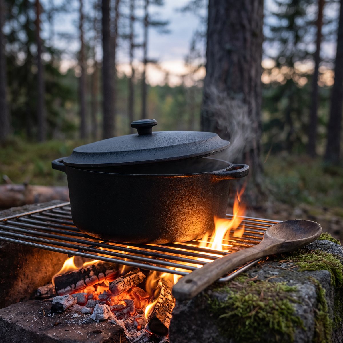 Svart Skeppshult-gryta i obehandlat gjutjärn på ett grillgaller över en lägereld i en tallskog i skymningen