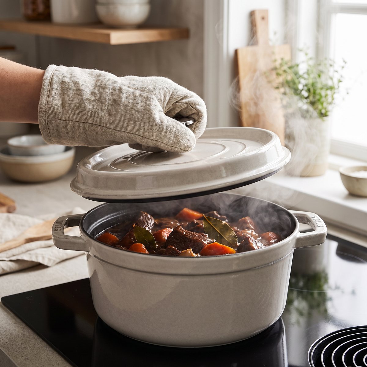 Hand i grytvante lyfter locket på en ljusgrå Staub-gryta på en induktionshäll med köttgryta och morötter inuti
