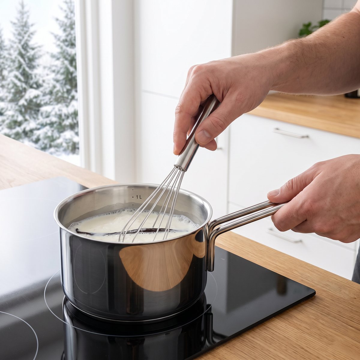Rak stålkastrull utan lock med långt stålskaft där mjölk vispas på induktionshäll, snöiga granar utanför fönstret