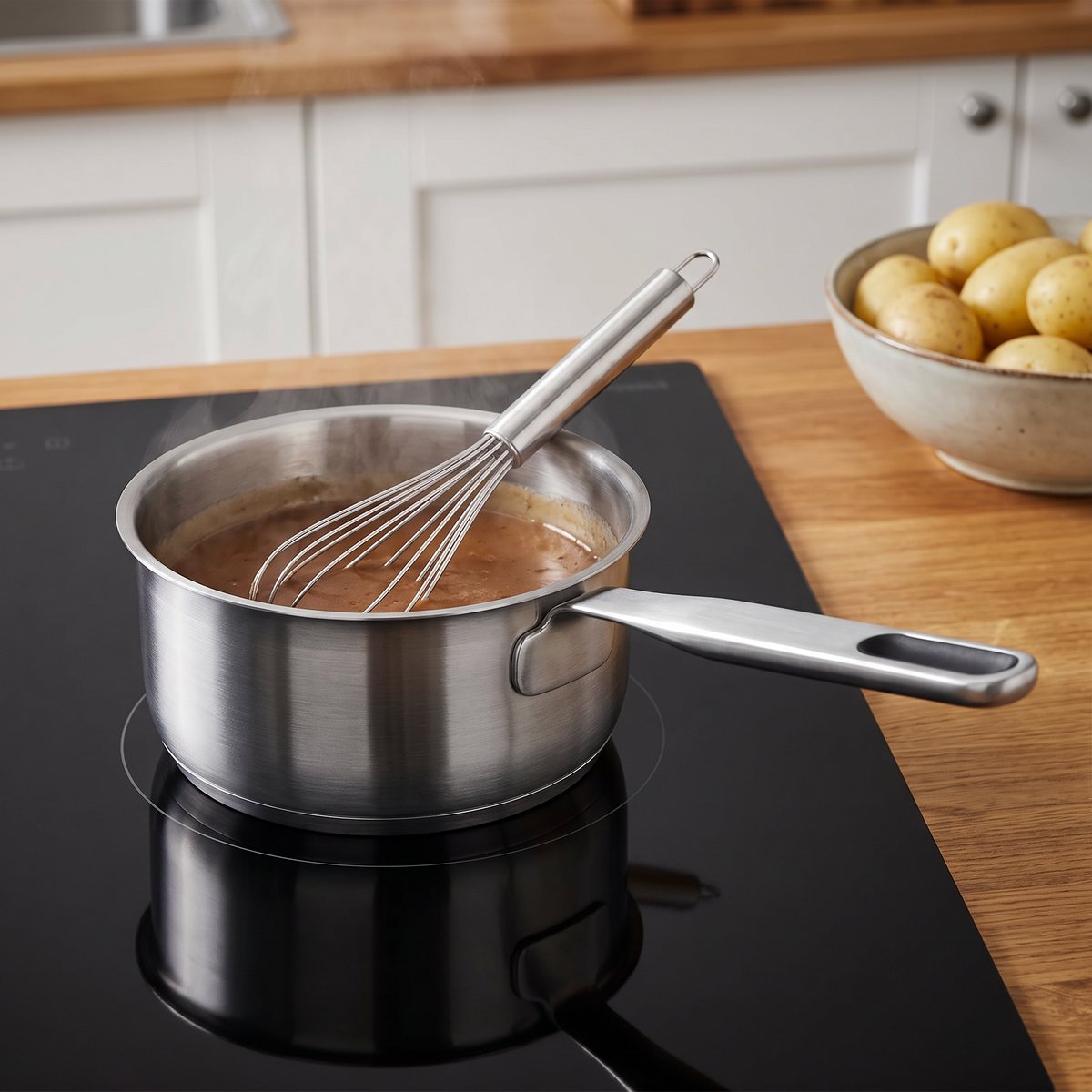 Liten stålkastrull utan lock med brunsås och visp på induktionshäll, kokt potatis i bakgrunden
