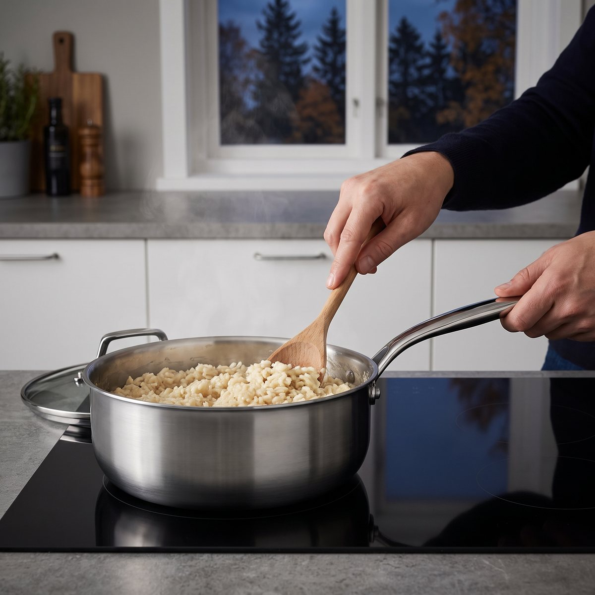 Bred, låg stålkastrull där risotto rörs med träslev på induktionshäll i ett svenskt kök en höstkväll
