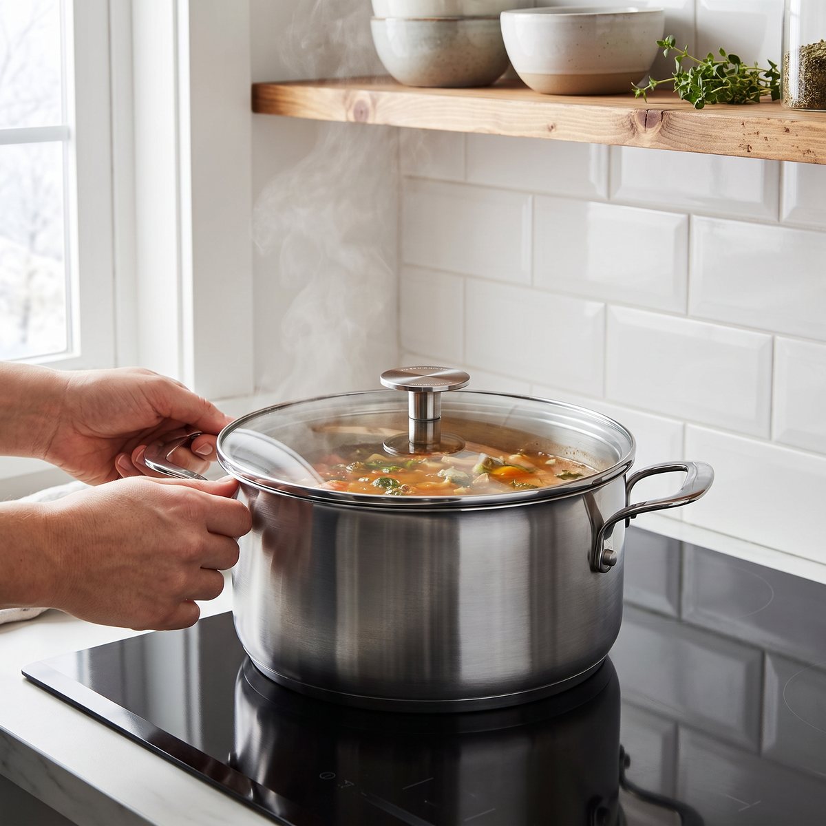 KitchenAid grytset med glaslock på spisen i ett svenskt kök