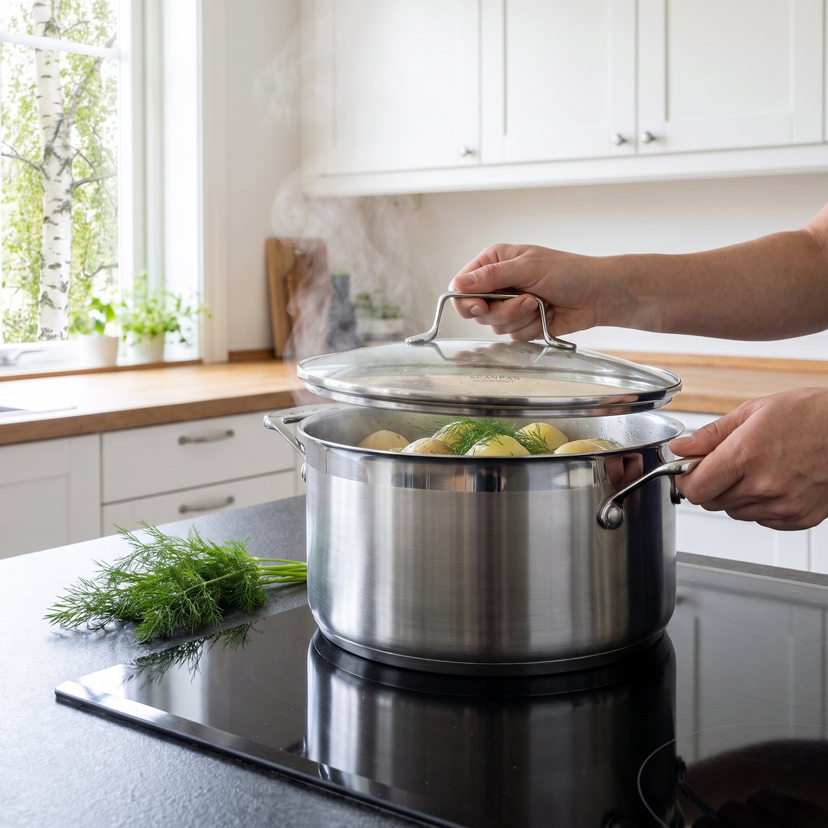 Scanpan Impact grytset med glaslock på en induktionshäll i ett svenskt kök