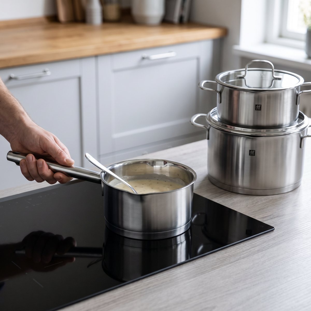 Zwilling TrueFlow kastrull på en induktionshäll i ett svenskt lägenhetskök