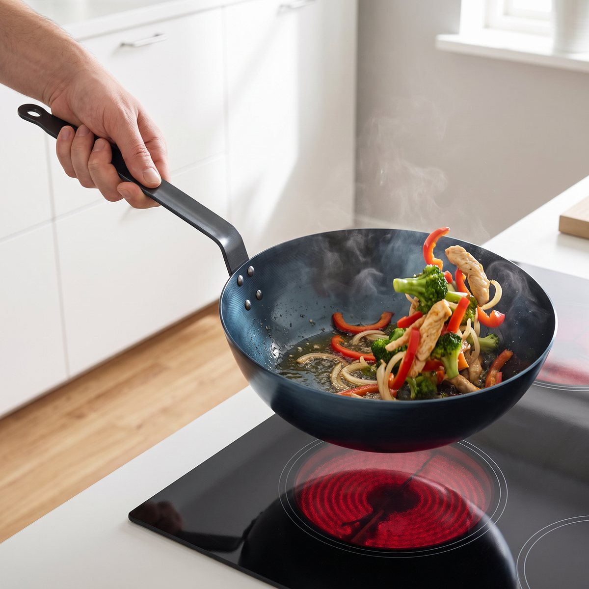 Garcima Lyonnaise sauteuse i kolstål hålls i handtaget över en induktionshäll i ett svenskt kök med wokade grönsaker