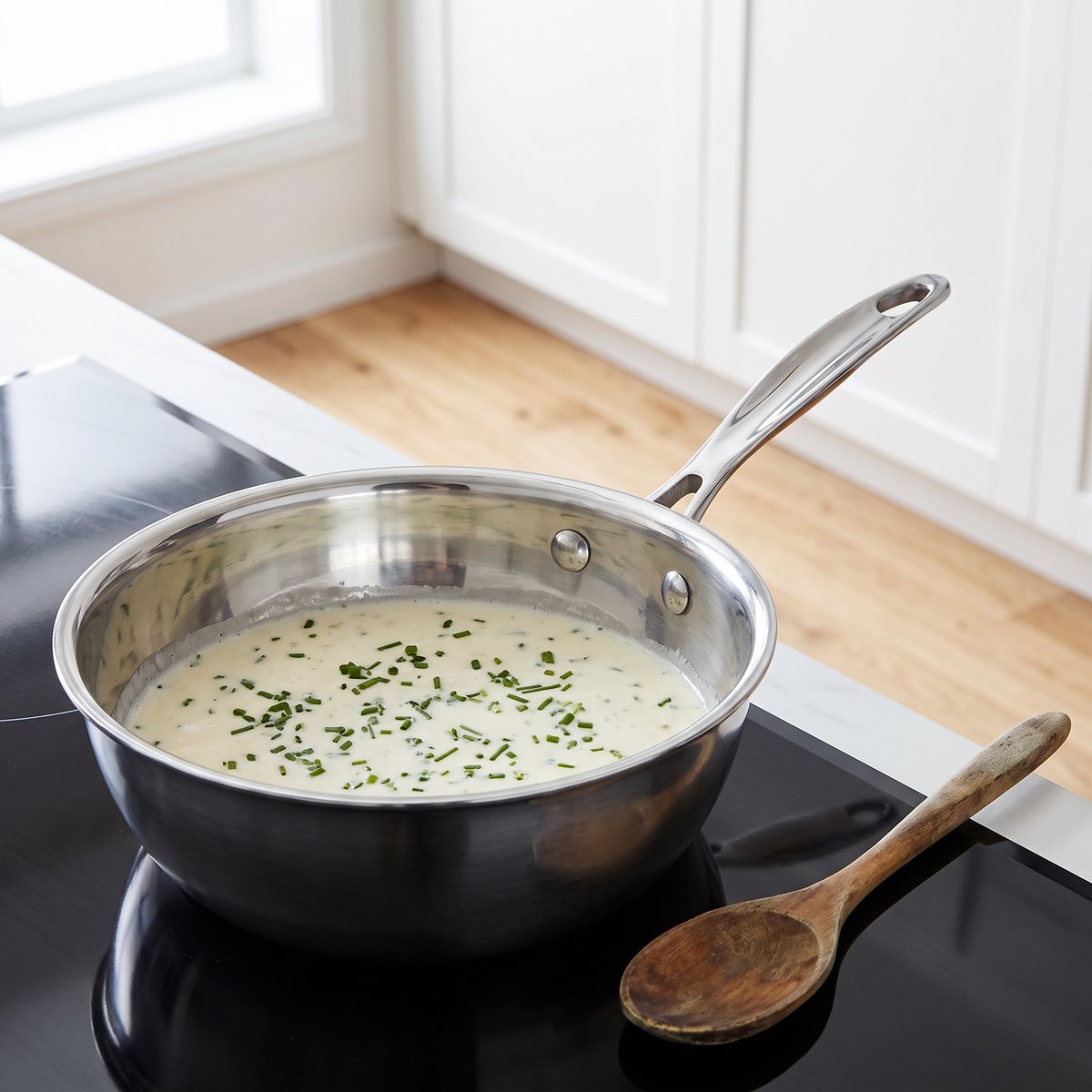 Scanpan Fusion 5 sauteuse på induktionshäll i ett svenskt kök med gräddsås och gräslök