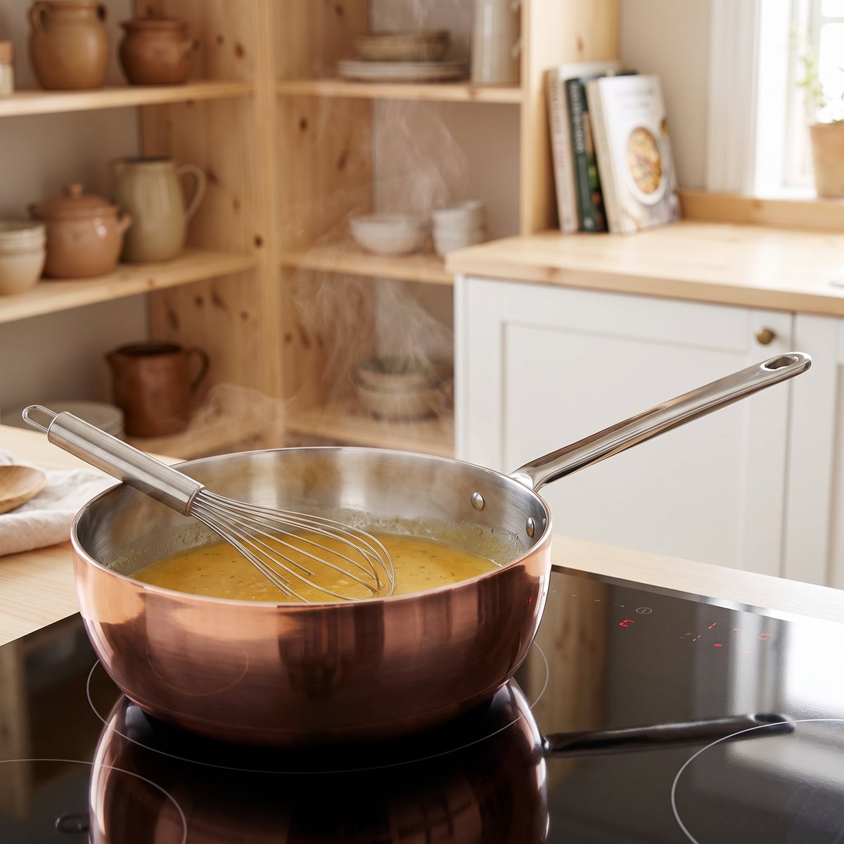 Scanpan Maitre D' sauteuse i koppar på induktionshäll i ett svenskt kök med sås och visp