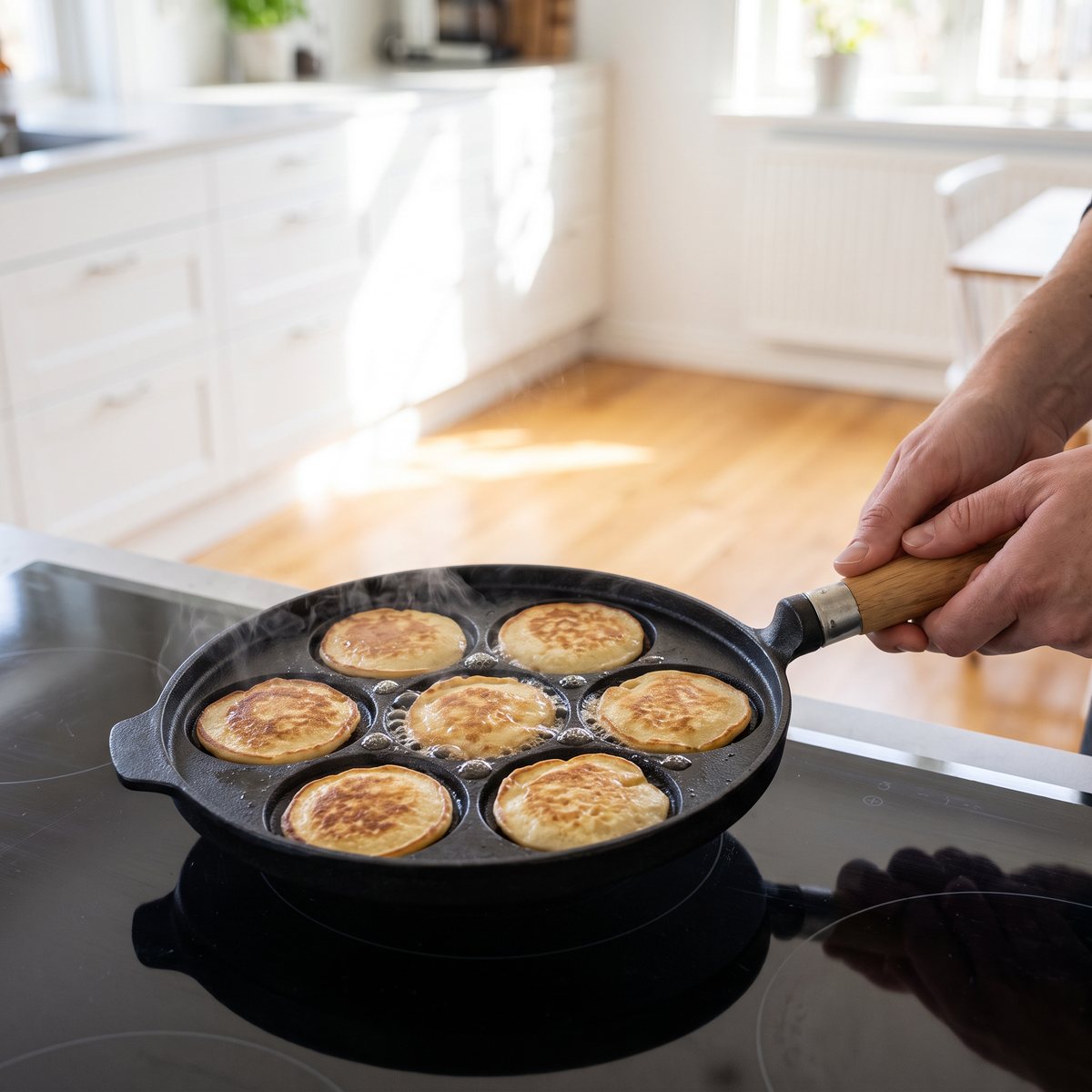 Ronneby Bruk Maestro plättpanna med sju plättar som steks på en induktionshäll i ett ljust svenskt kök