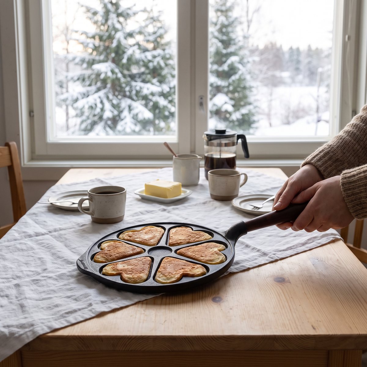 Skeppshult hjärtplättpanna med hjärtformade plättar på ett svenskt frukostbord vid ett fönster med snötäckta granar