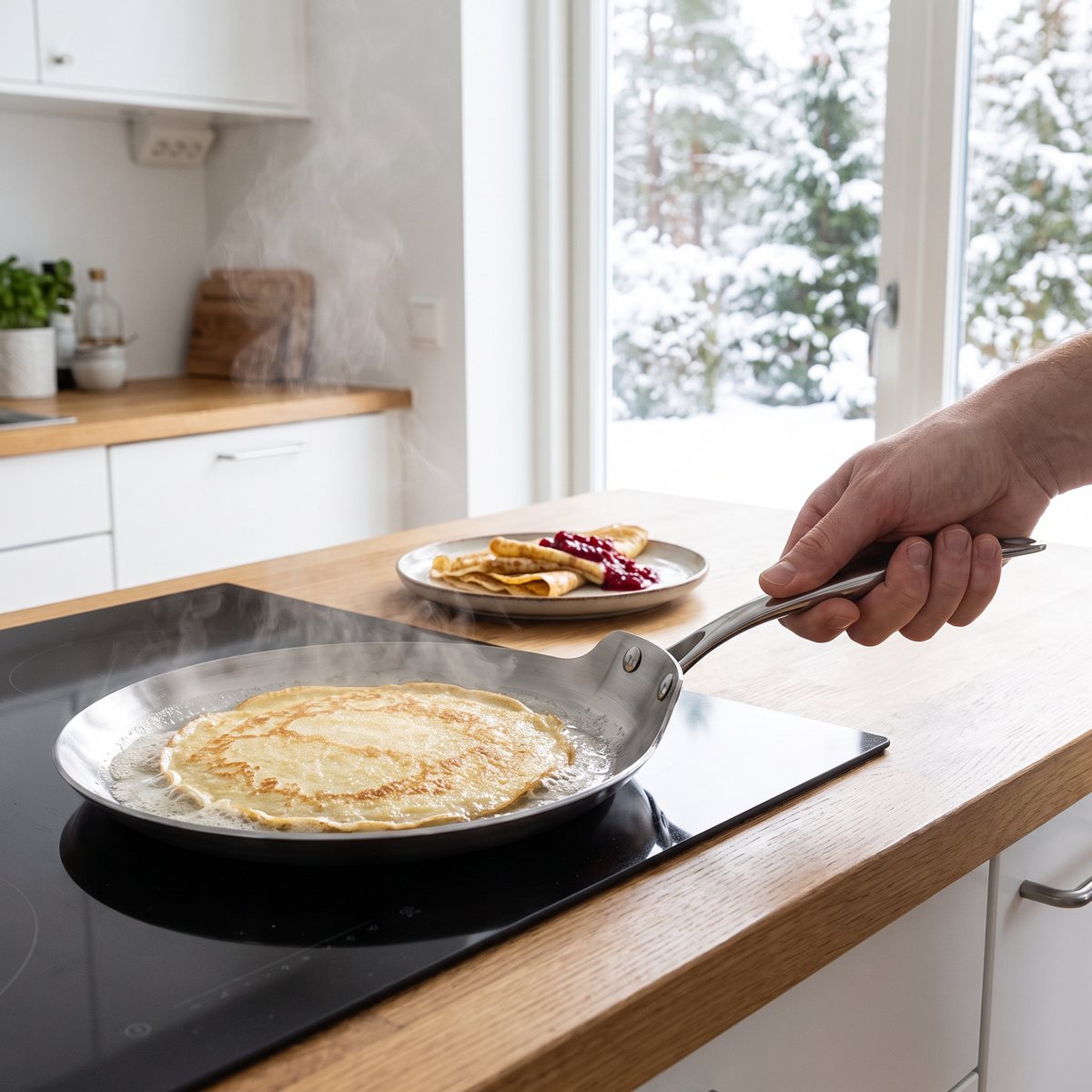 Blomsterbergs pannkakspanna i rostfritt stål med en pannkaka i smör på induktionshällen, snöig trädgård utanför fönstret