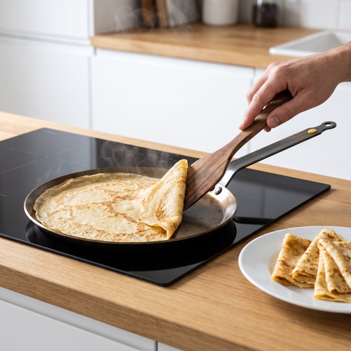 De Buyer Mineral B pannkakspanna i kolstål med en stor tunn crêpe som viks ihop med träspade på en induktionshäll