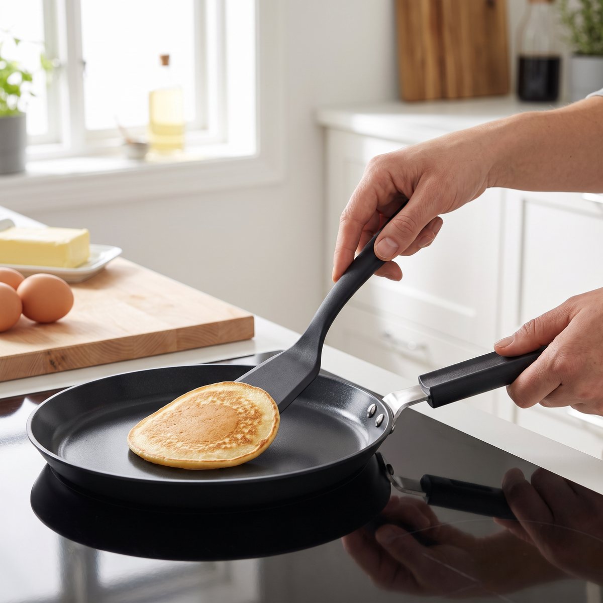 Fiskars Hard Face pannkakspanna med keramisk yta där en liten pannkaka lyfts med stekspade på spishällen