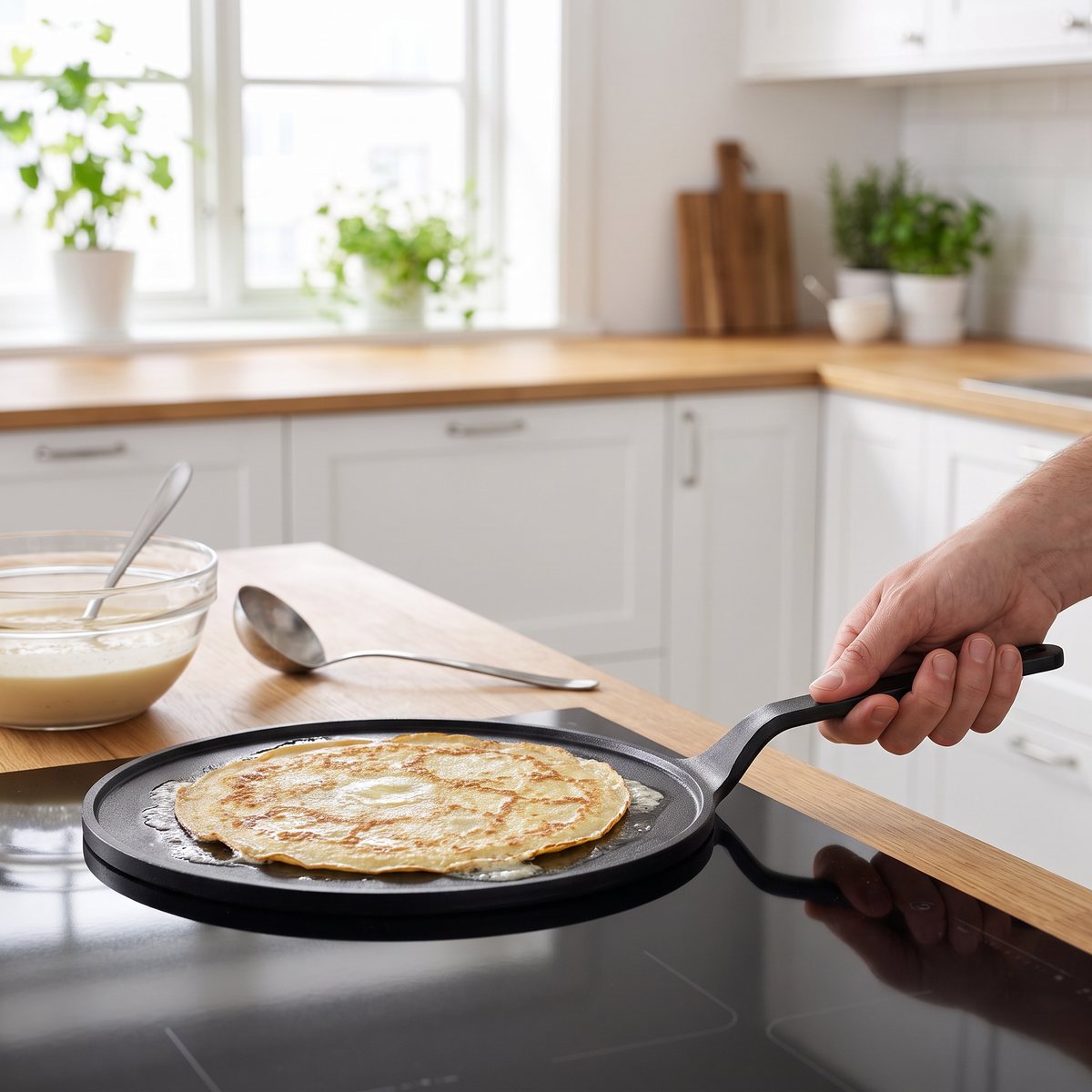 Kockums Jernverk pannkakspanna i svart kolstål med en gyllene pannkaka i smör på induktionshällen i ett ljust svenskt kök