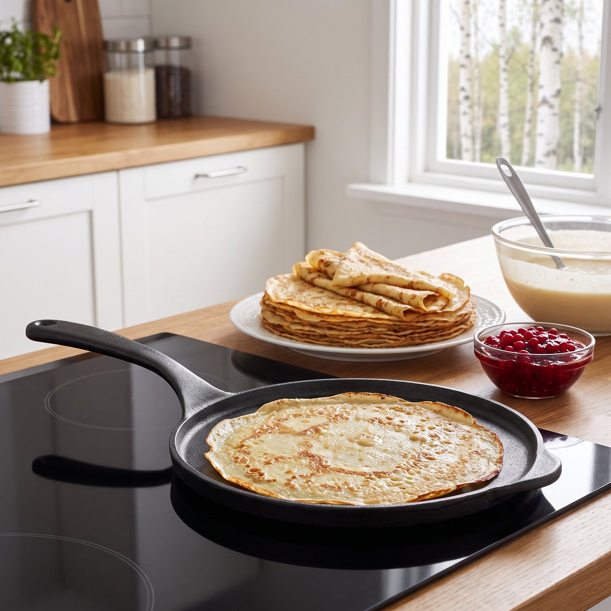 Skeppshult pannkaksstekpanna i gjutjärn på en glaskeramikhäll, med en hög nygräddade pannkakor och lingonsylt bredvid