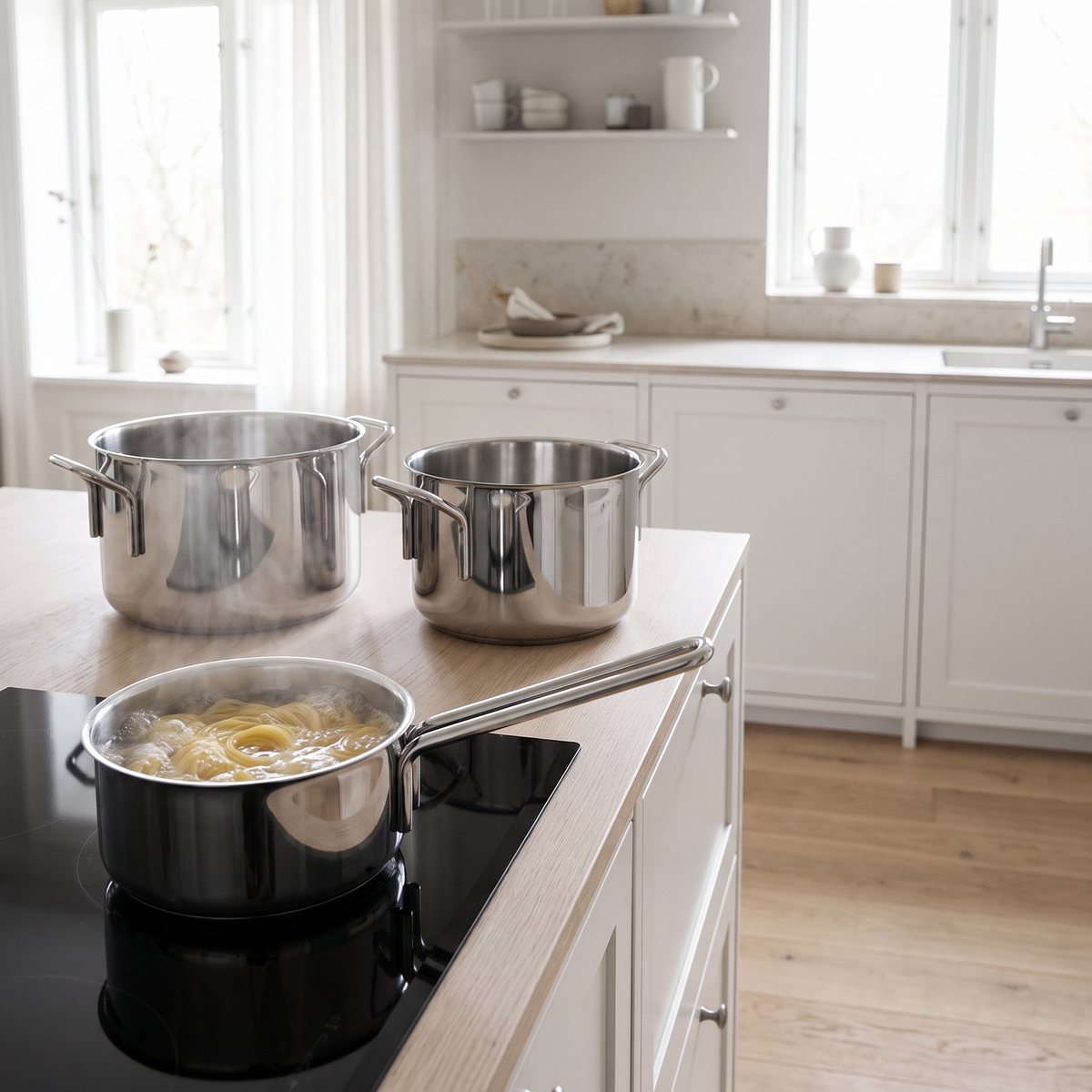 Eva Trio grytor i rostfritt stål med kokande pasta på induktionshäll i ett svenskt kök