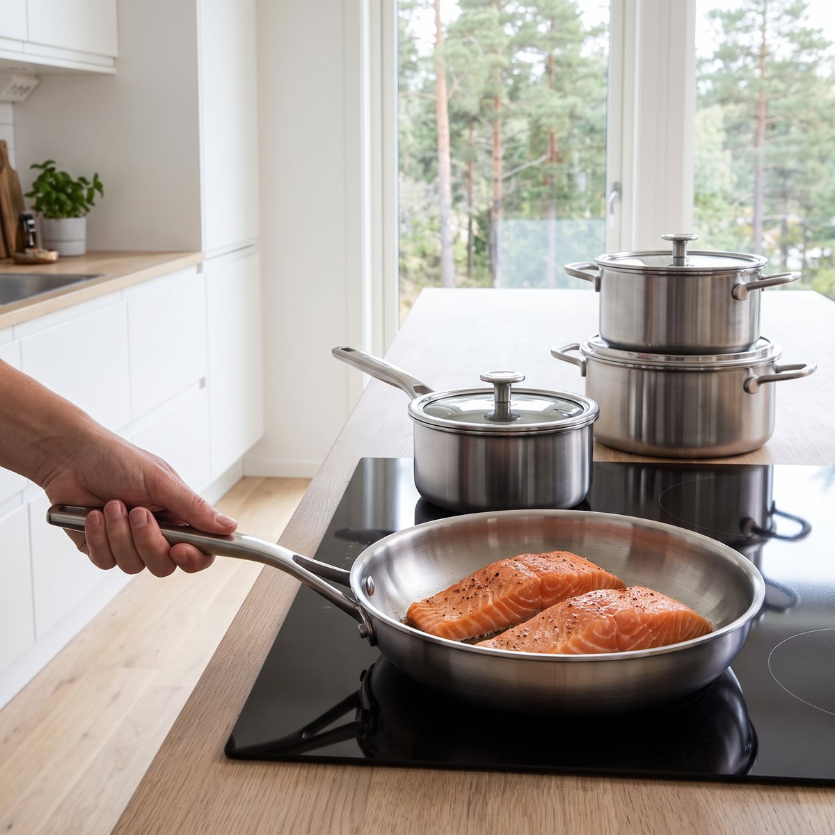 KitchenAid Multiply stekpanna med laxfiléer på induktionshäll i ett svenskt kök