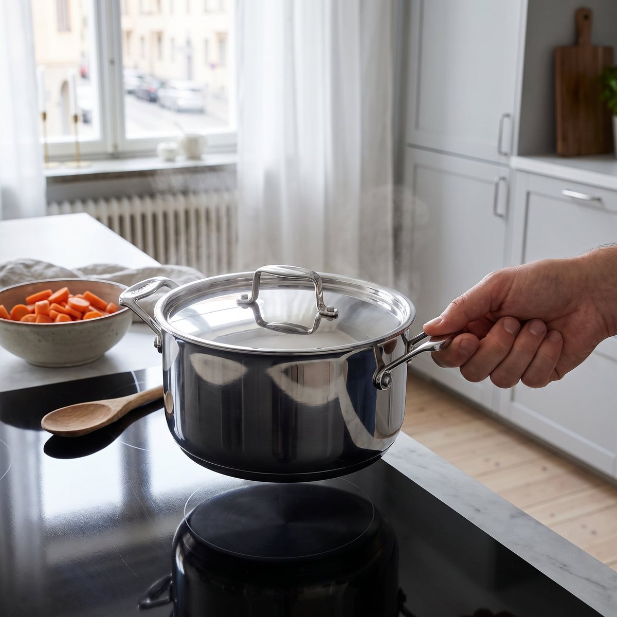 Scanpan Fusion 5 gryta med lock som lyfts i sidhandtaget från en induktionshäll i ett svenskt kök