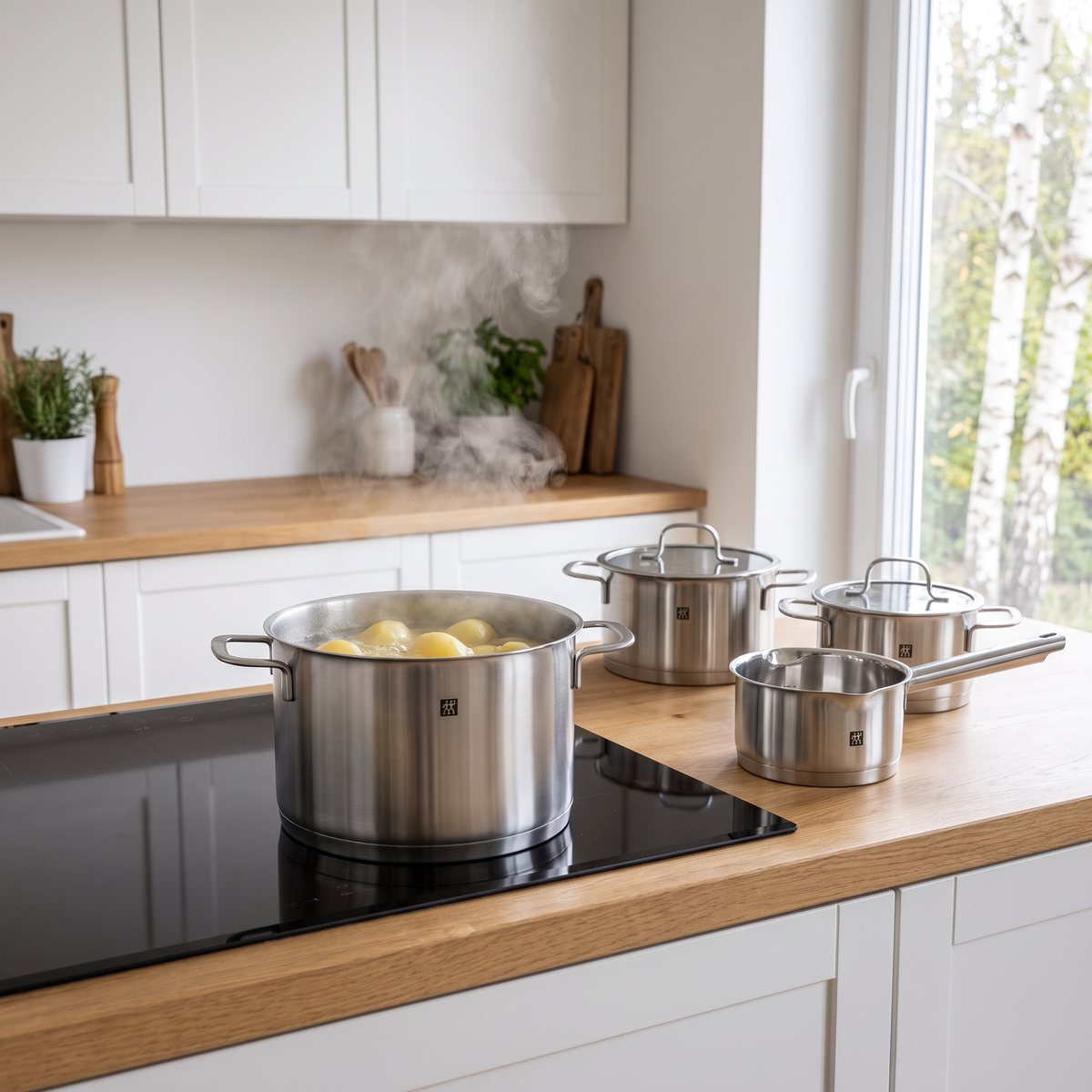 Zwilling TrueFlow grytset i rostfritt stål med kokande potatis på en induktionshäll i ett svenskt kök