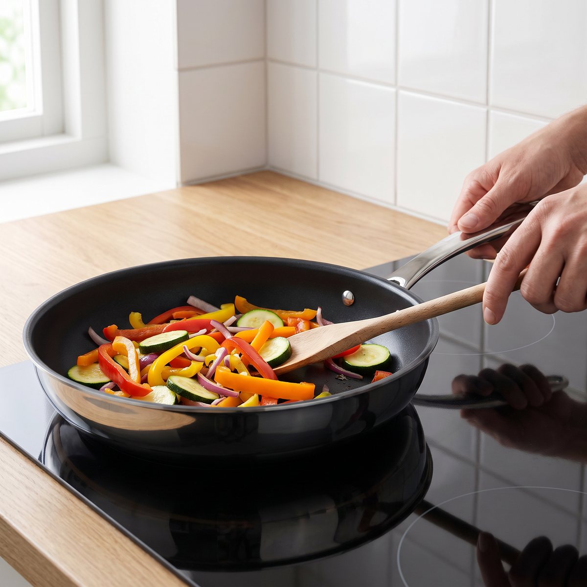 Rostfri stekpanna med keramisk beläggning på induktionshäll i svenskt kök med grönsaker