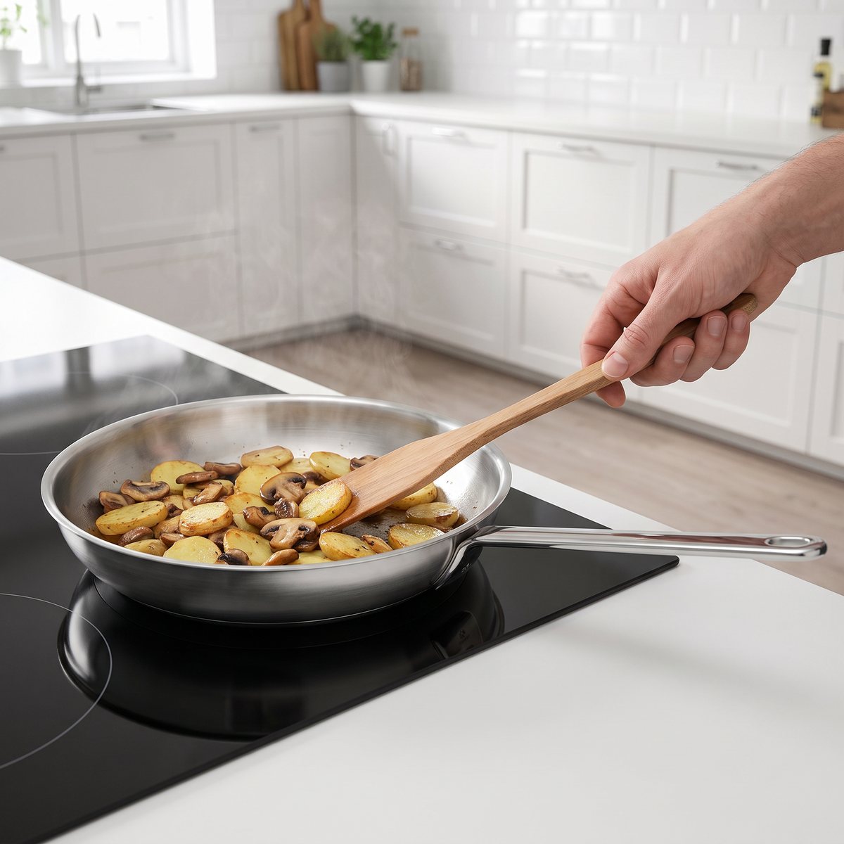 Rostfri stekpanna med keramisk beläggning på induktionshäll i svenskt kök med stekt potatis och svamp