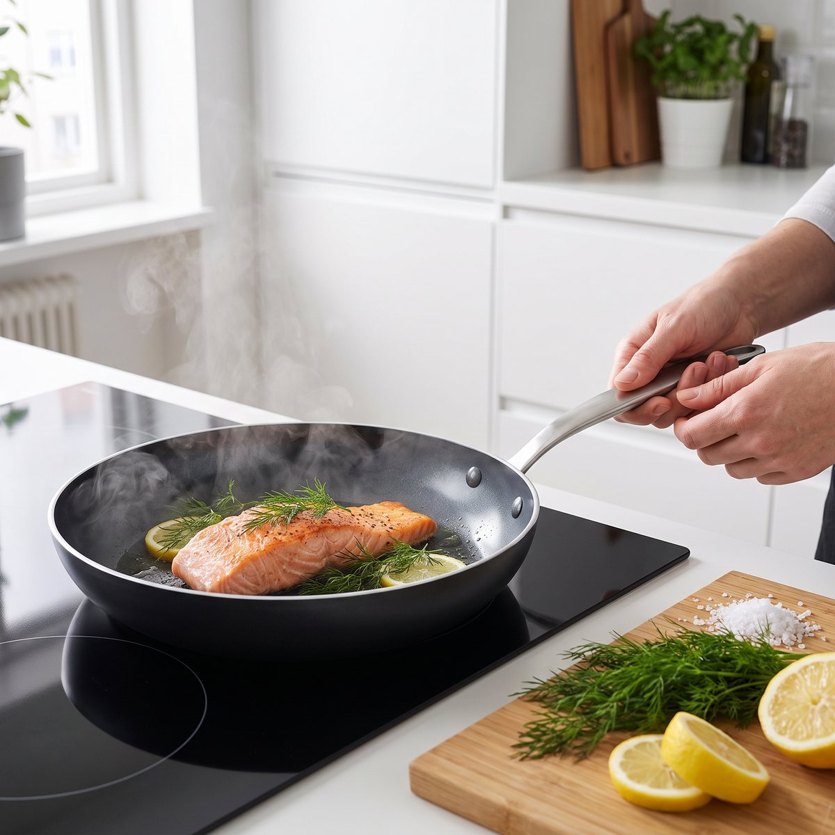 Svart stekpanna med keramisk beläggning och stålhandtag på induktionshäll i svenskt kök med lax