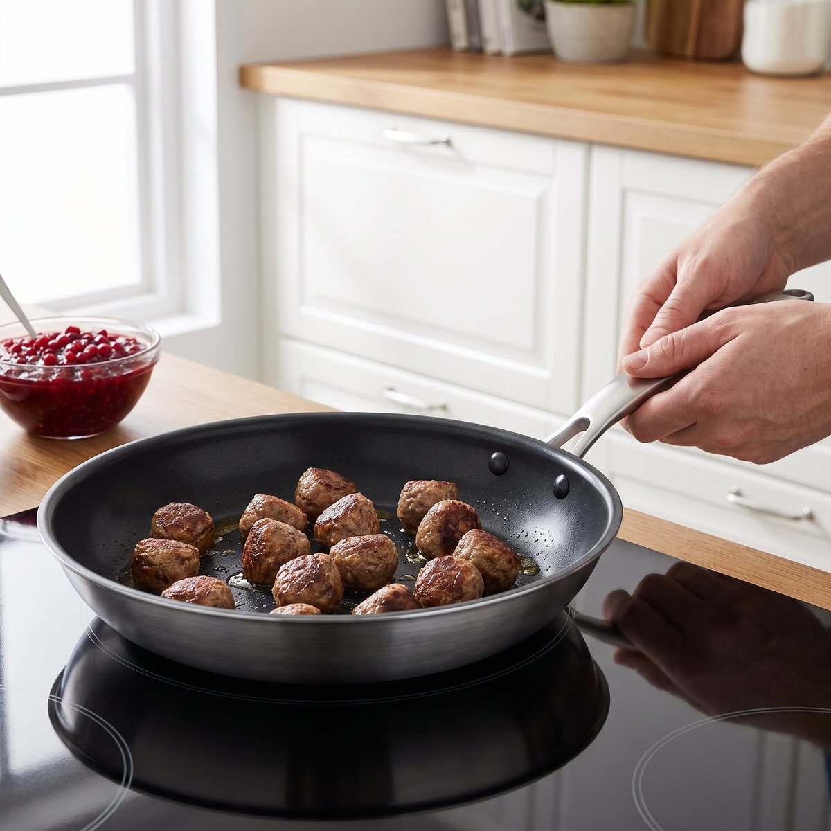 Rostfri stekpanna med keramisk beläggning på induktionshäll i svenskt familjekök med köttbullar
