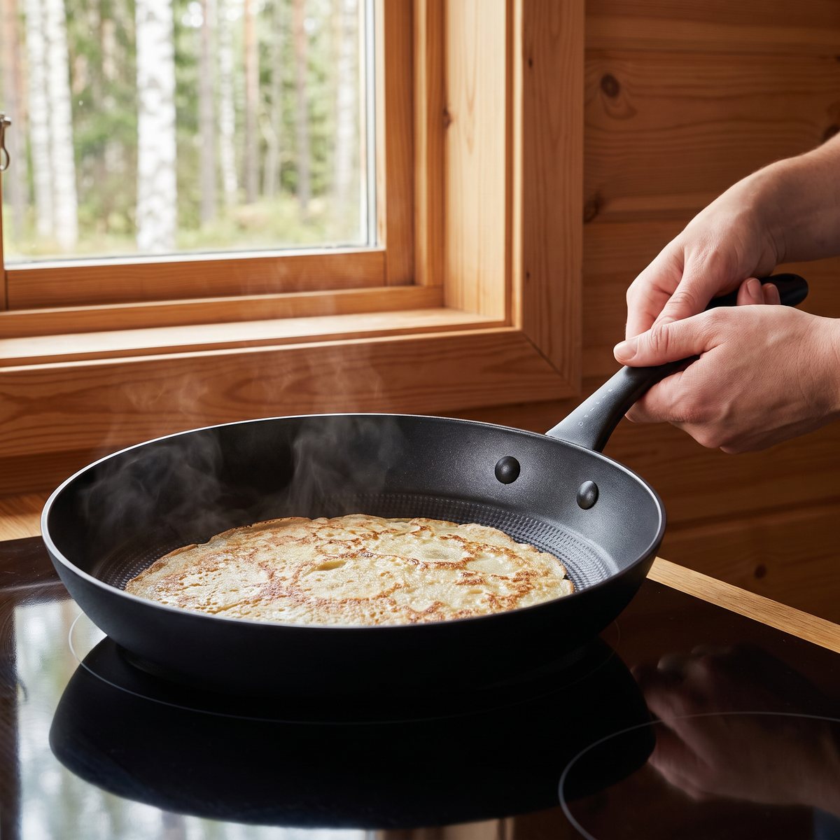 Svart stekpanna i lättviktsgjutjärn på induktionshäll i svenskt stugkök med pannkakor