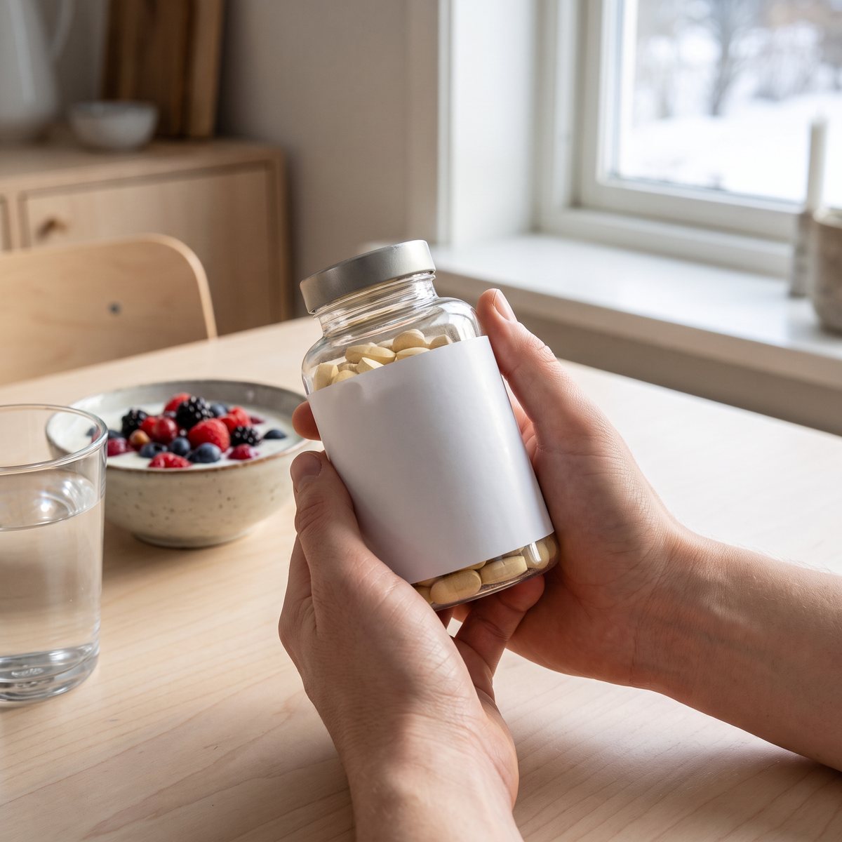 BioSalma Collagen + Hyaluronsyra i glasburk vid ett frukostbord i ett svenskt hem med yoghurt och bär