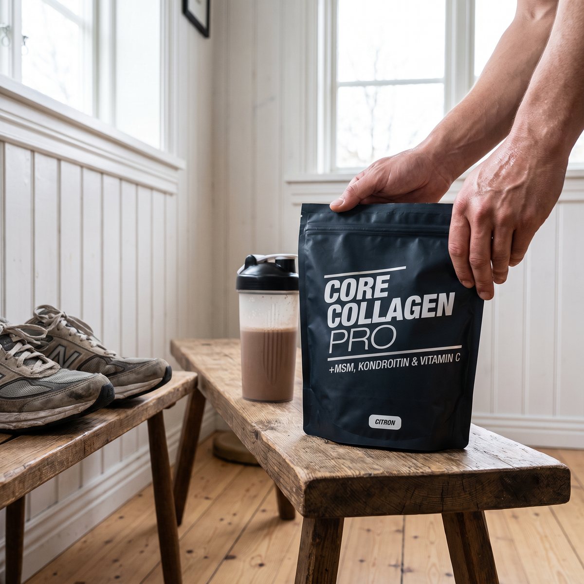 Core Collagen Pro i svart påse på en träbänk i en svensk hall bredvid en shaker och löparskor