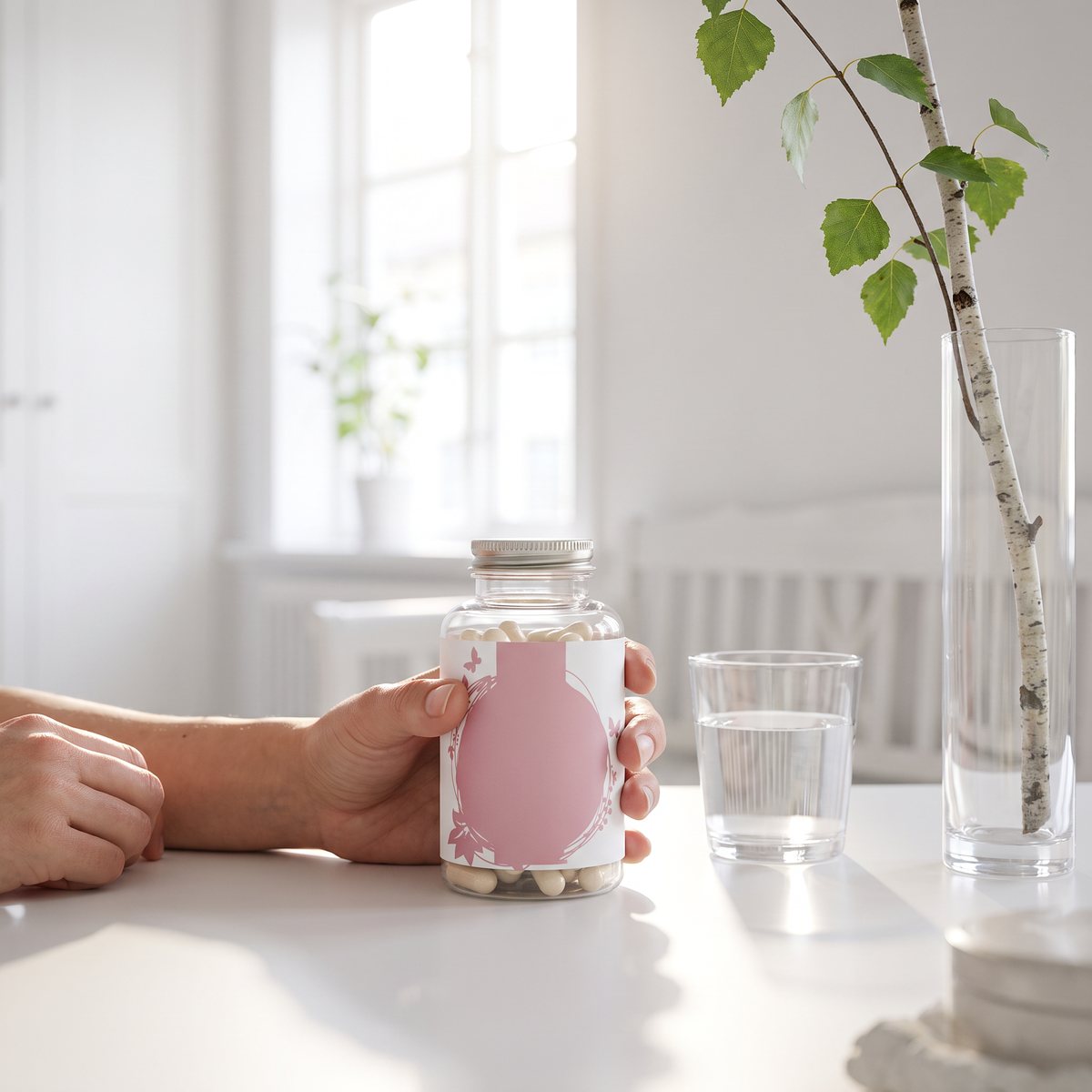 Healthwell Collagen Skin & Nails i flaska på ett sminkbord i ett ljust svenskt sovrum med björkgren