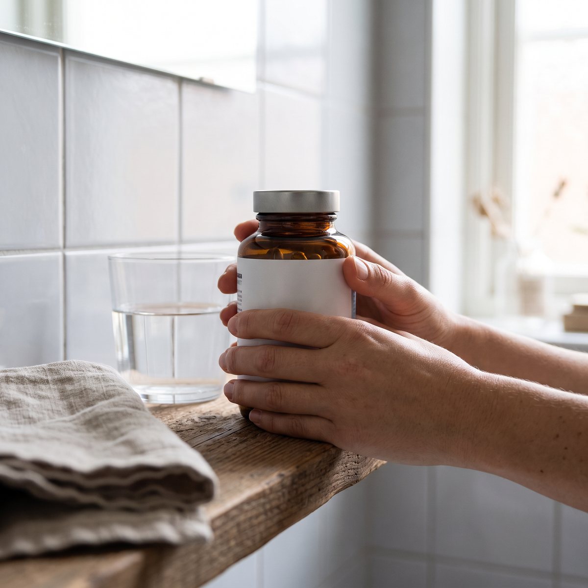 Matters Marine Collagen+ i brun glasflaska på en hylla i ett svenskt badrum bredvid ett glas vatten