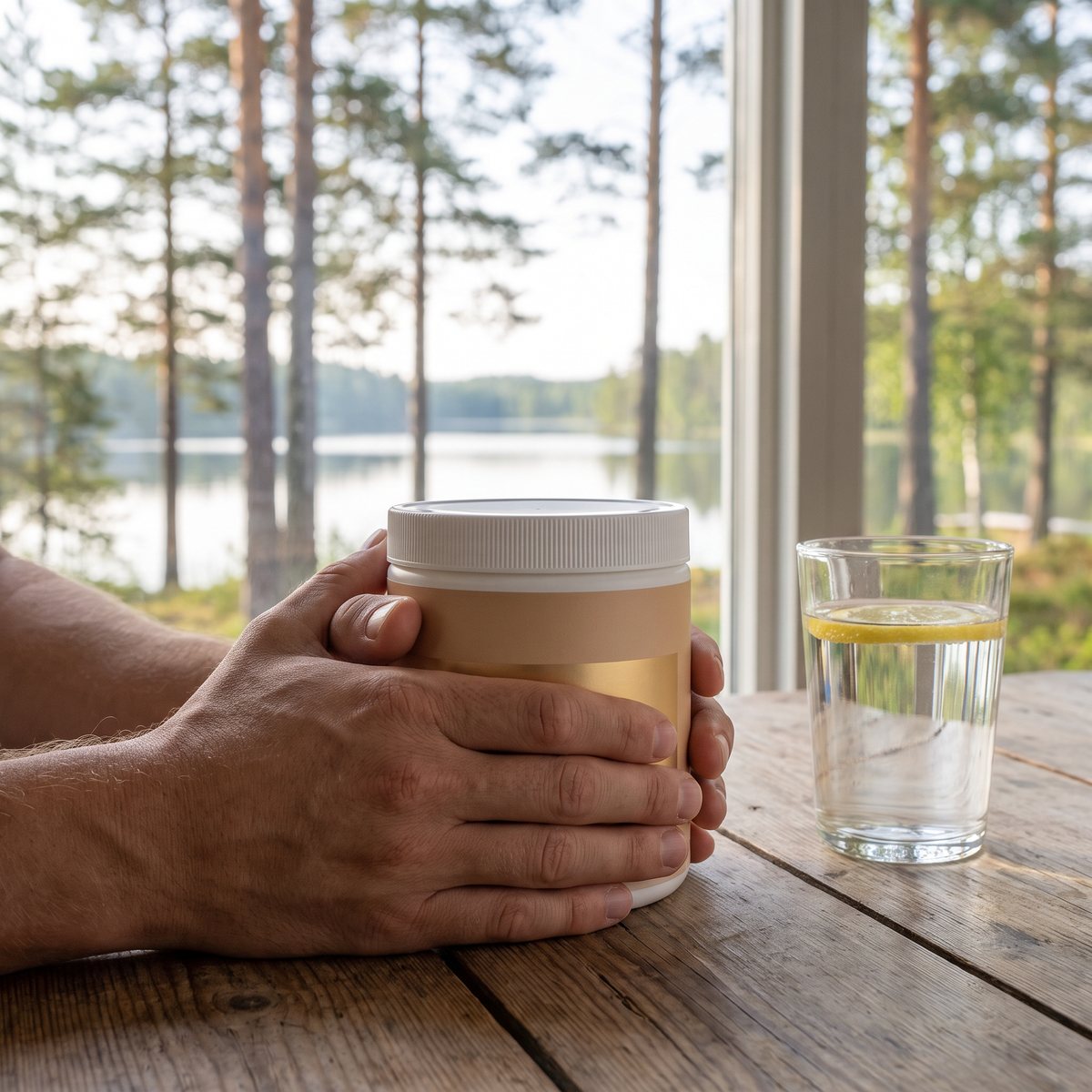 Vild Nord Lemon Marine Collagen i vit burk på ett träbord i en svensk stuga med sjö och tallar utanför fönstret