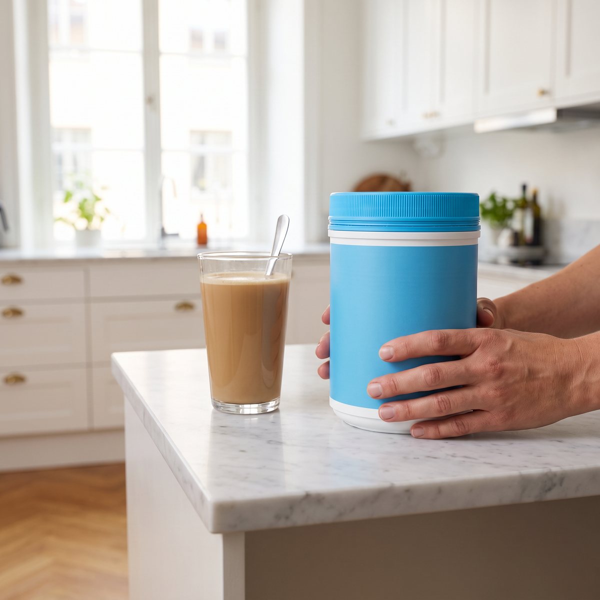 Vital Proteins Collagen Peptides i blå burk på en köksö i ett svenskt kök bredvid ett glas kaffe med mjölk