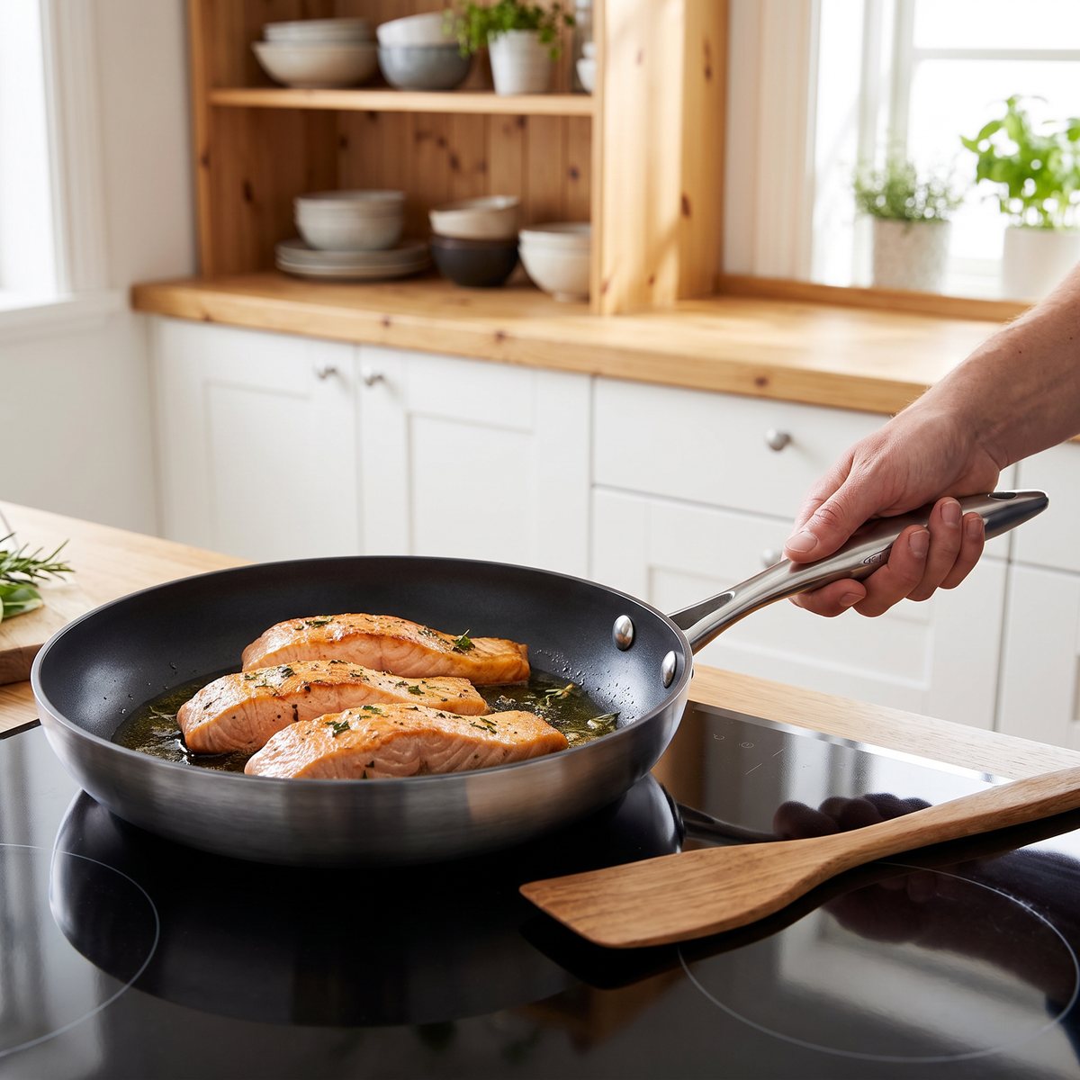 Scanpan CTX-stekpanna med laxfilé på en induktionshäll i ett svenskt hemkök