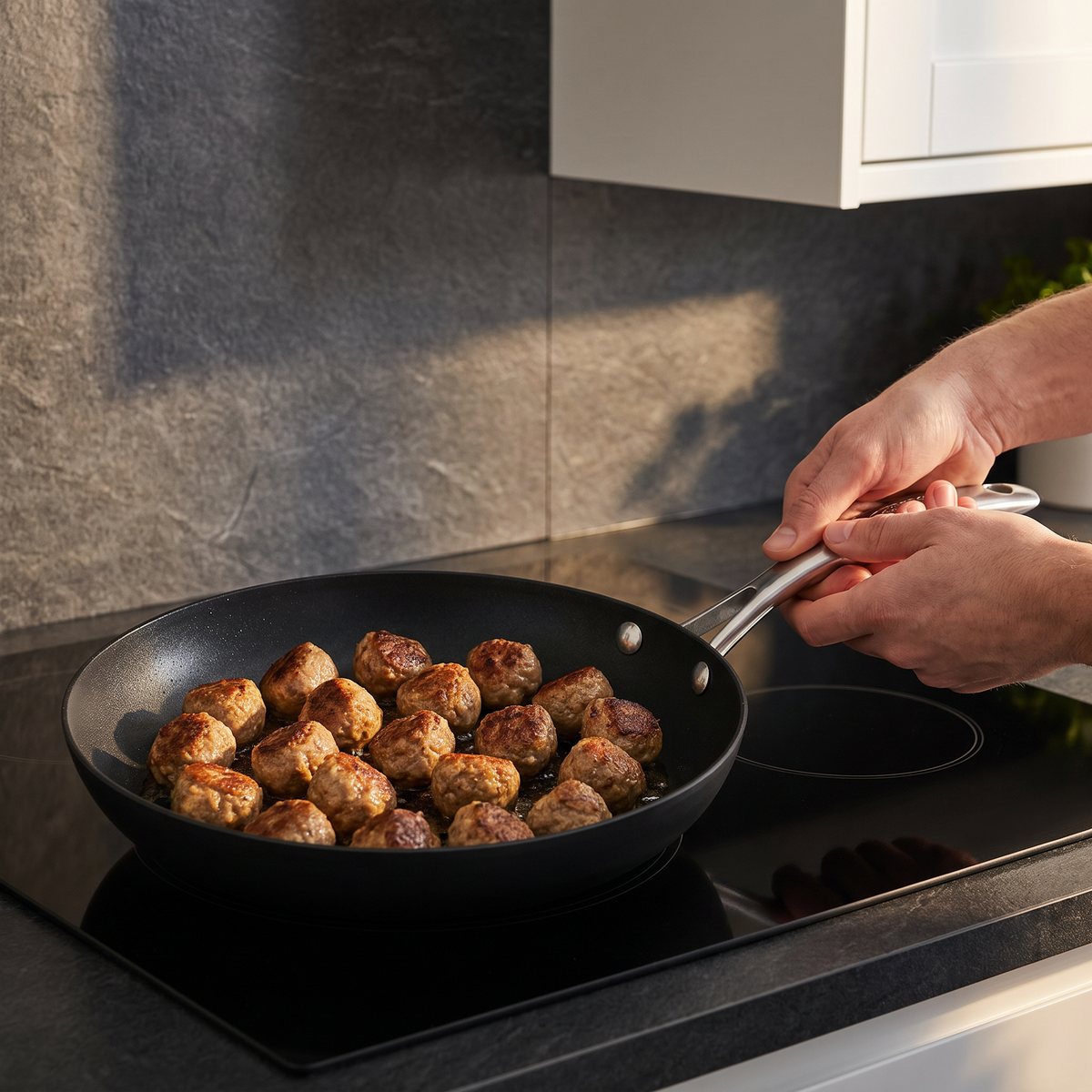 Scanpan Pro IQ-stekpanna med köttbullar på en induktionshäll i ett svenskt kök
