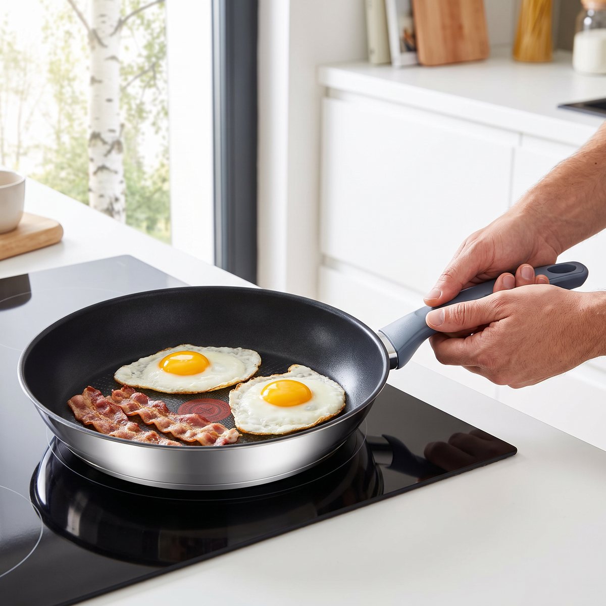 Tefal Daily Cook-stekpanna med stekta ägg och bacon på en induktionshäll i ett svenskt kök