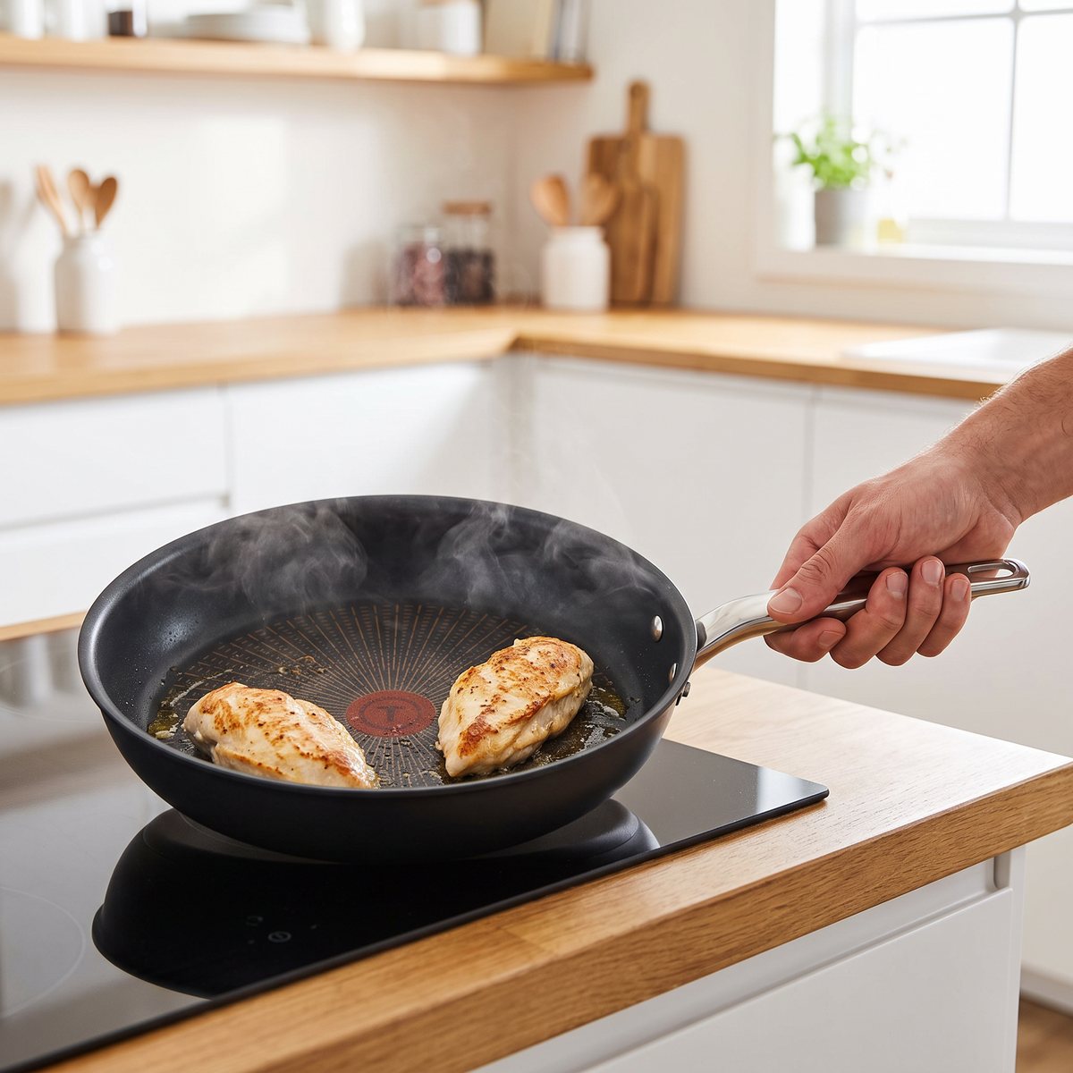 Tefal Experience-stekpanna med kyckling på en induktionshäll i ett svenskt kök