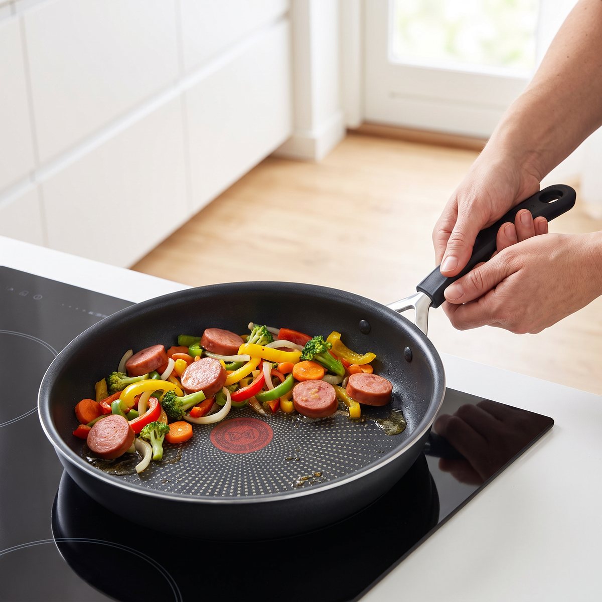 Tefal Jamie Oliver Quick & Easy-stekpanna med grönsaker och falukorv på en induktionshäll