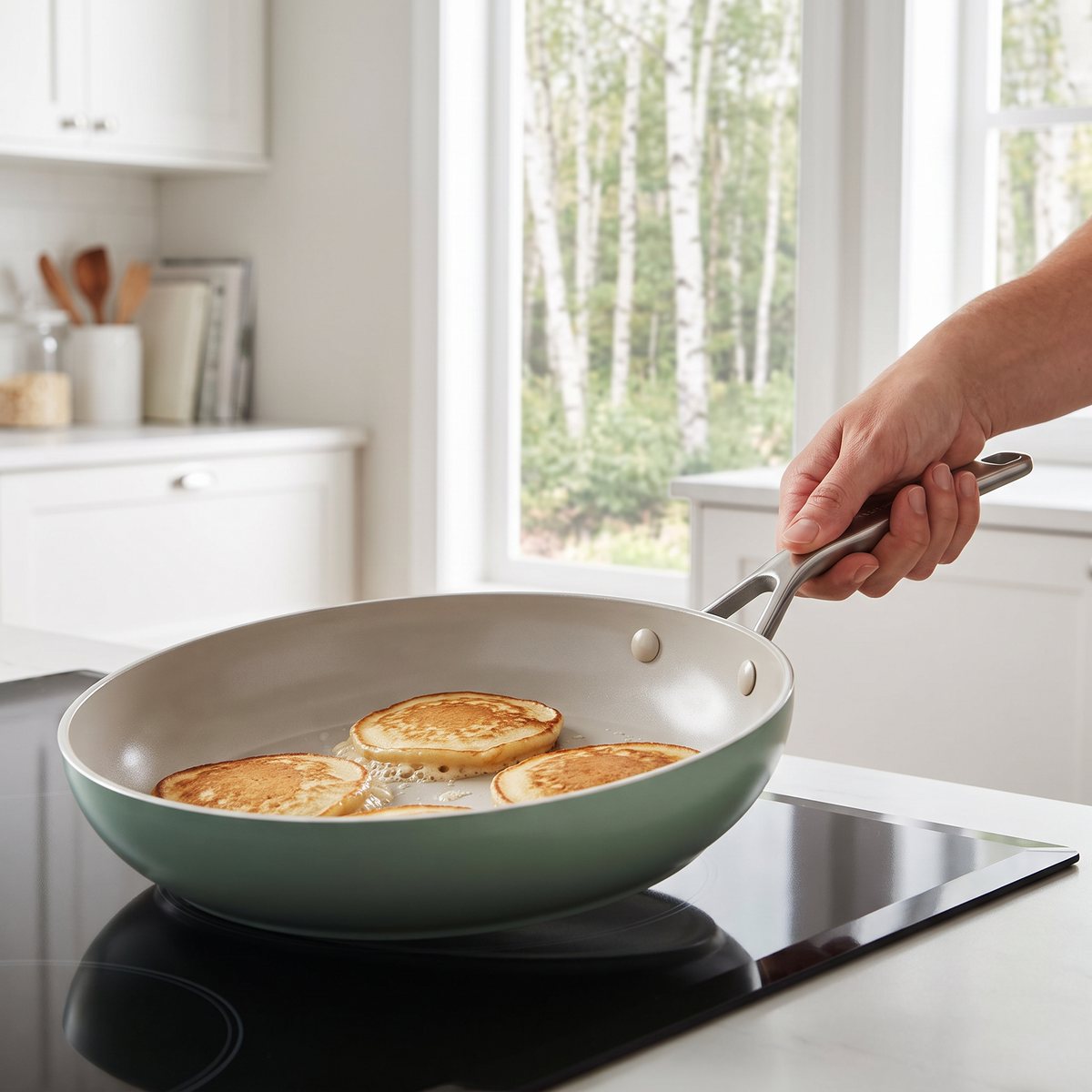 KitchenAid Advanced Hard Anodized stekpanna i grön färg på en glaskeramikhäll i ett svenskt kök, med pannkakor som steks