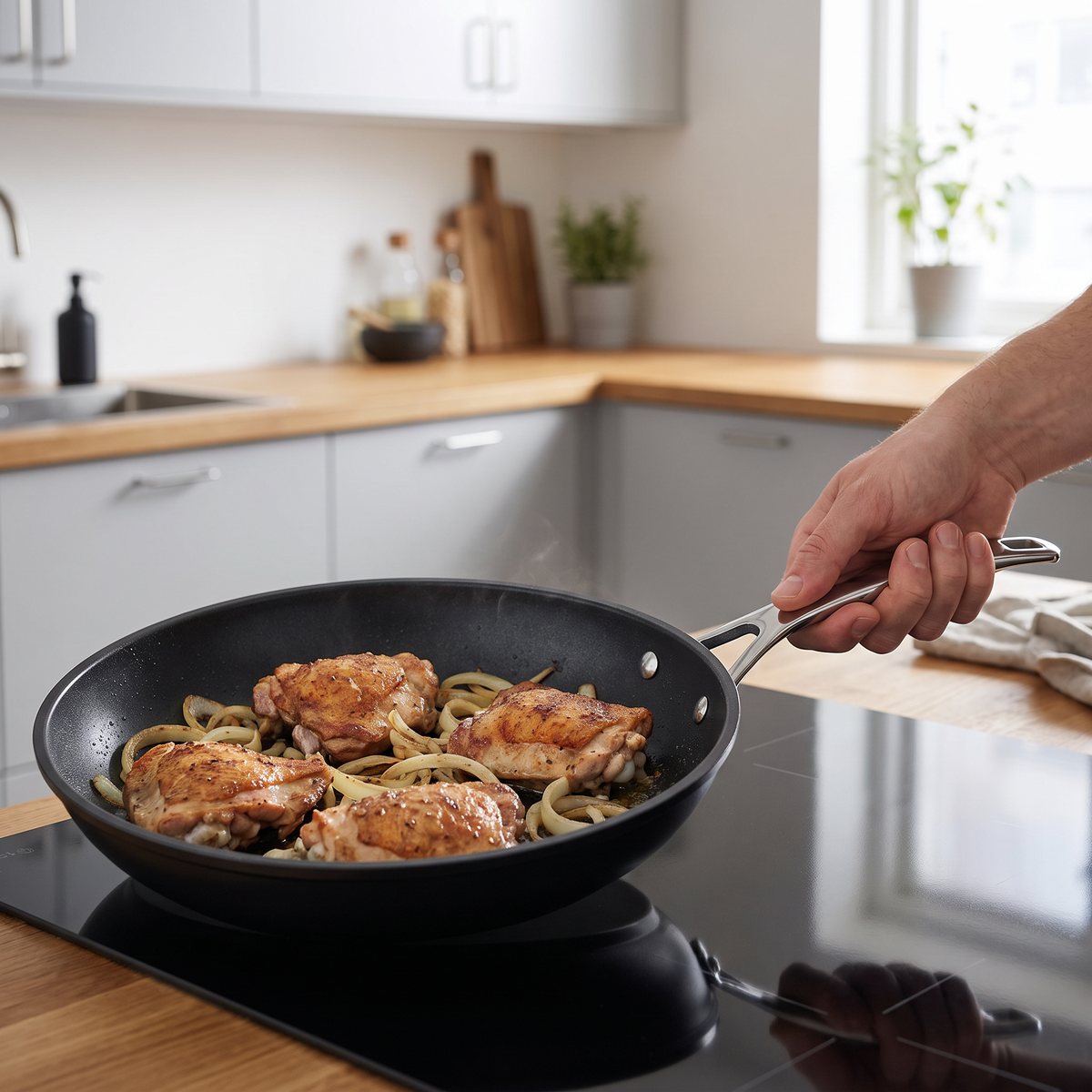 Le Creuset Toughened Non-Stick stekpanna på en induktionshäll i ett svenskt kök, med kycklinglår och lök som steks