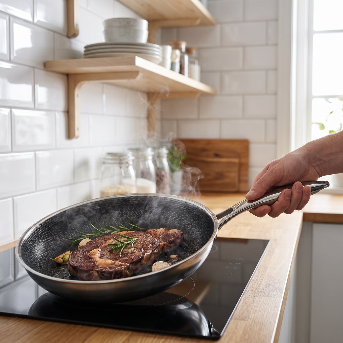 Onyx Cookware Hybrid stekpanna med stålmönstrad yta på en induktionshäll i ett svenskt kök, med en biff som steks