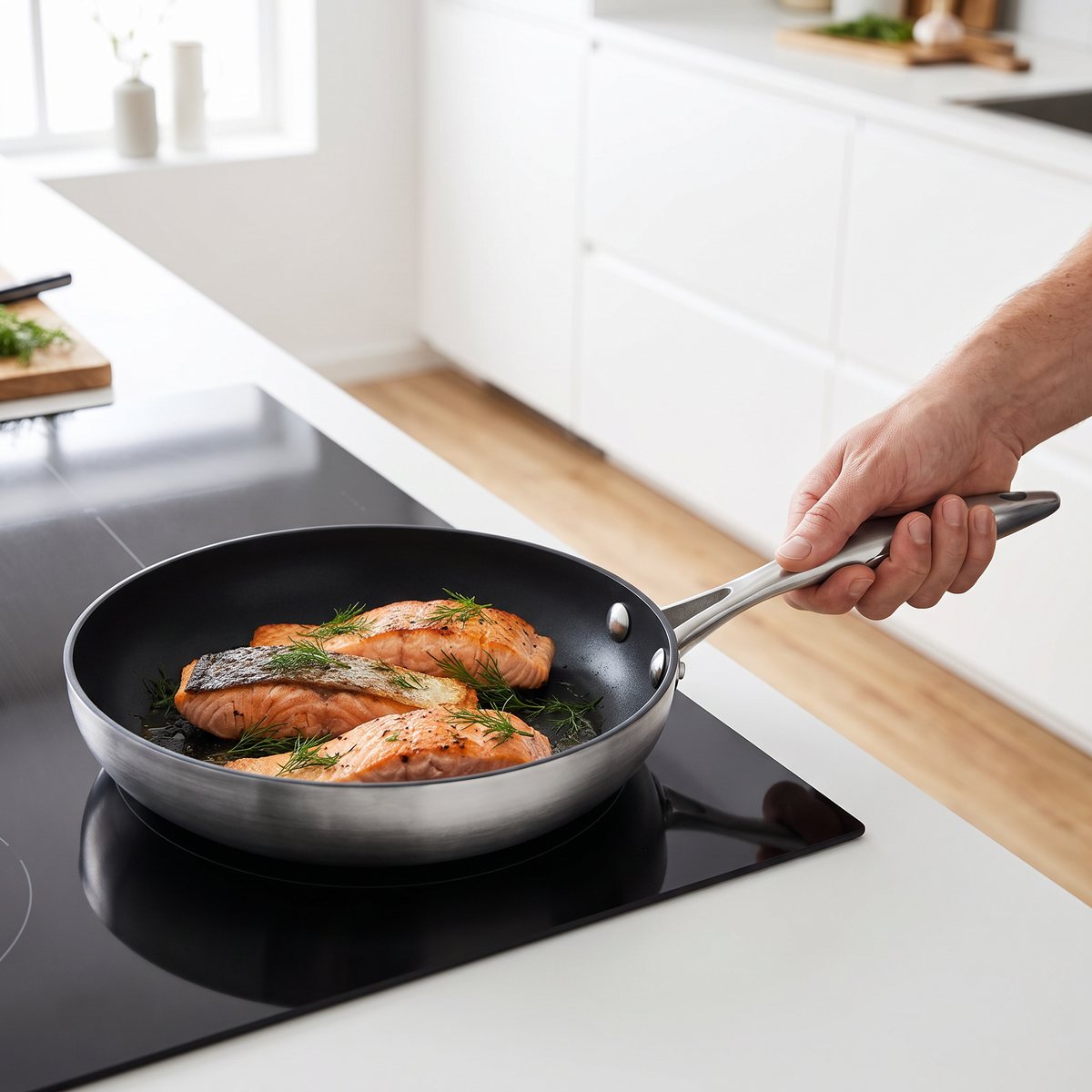 Scanpan CTX stekpanna av rostfritt stål med svart non stick-yta på en induktionshäll i ett svenskt kök, med laxfiléer som steks