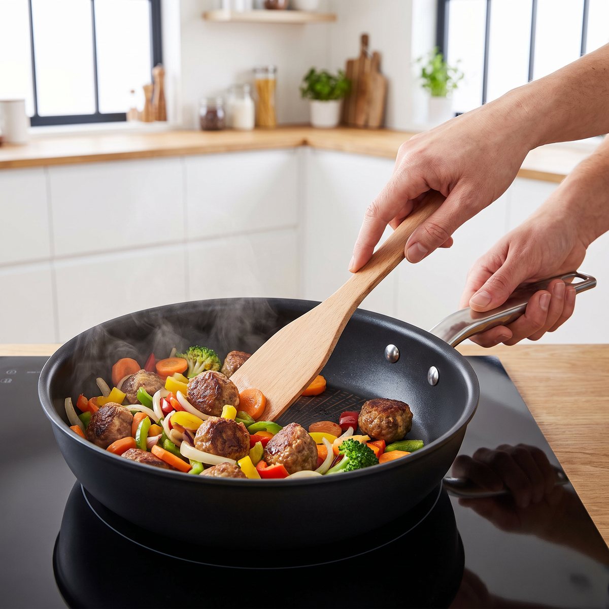 Tefal Experience stekpanna med Thermo-Signal i botten på en induktionshäll i ett svenskt kök, med grönsaker och köttbullar som steks