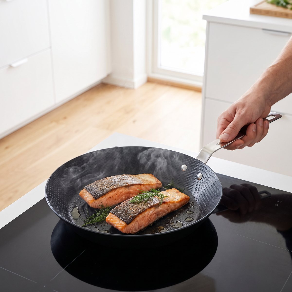 Kolstålspanna med mönstrad insida och stålhandtag där laxfiléer steks på induktionshäll i ett ljust svenskt kök