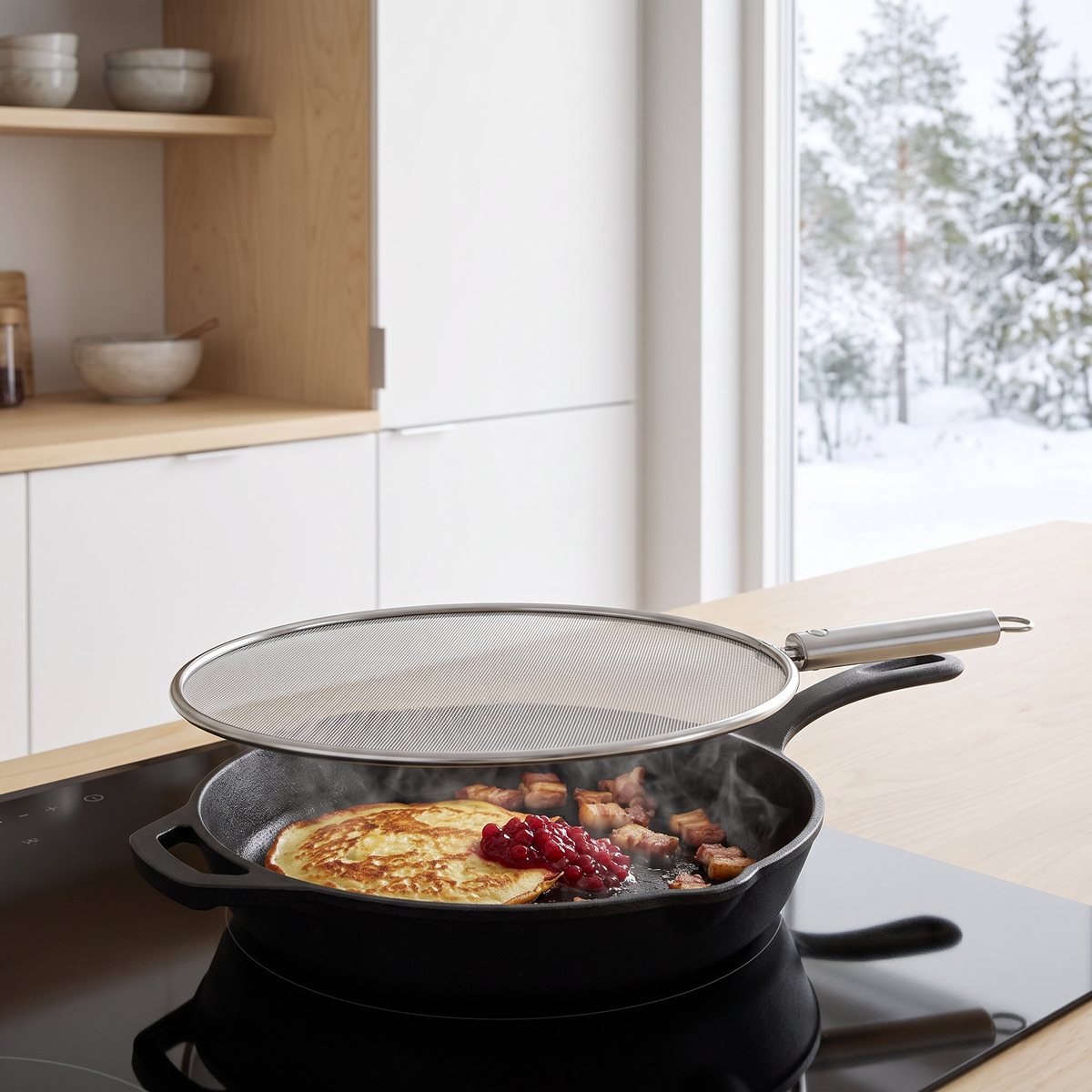 Anders Petter Steel Essentials stänkskydd i rostfritt stål över en stekpanna med fläsk på induktionshäll i ett svenskt kök