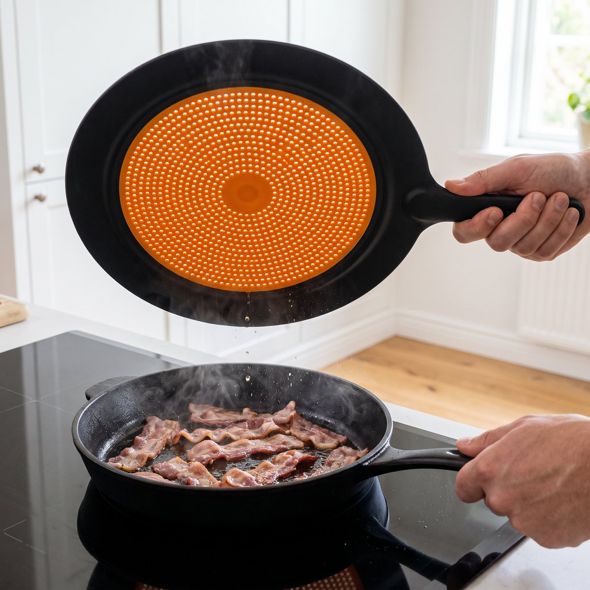Fiskars Functional Form stänkskydd i svart med orange perforerad silikon hålls över en stekpanna med bacon på induktionshäll i ett svenskt kök